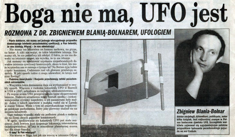 A press clipping, in the middle a portrayal of the spacecraft Jan Wolski claimed he saw in Emilcin